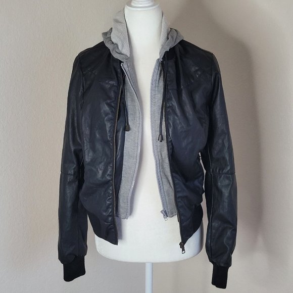 Miss Posh Faux Leather & Terry Black Gray Full Zip Hooded Jacket Size Medium - Picture 3 of 10